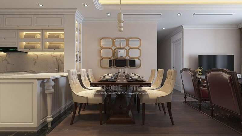 Phòng ăn tân cổ điển được thiết kế với bộ bàn ăn tone màu trắng và nâu ấm cũng và thân thiện Thiết kế chung cư