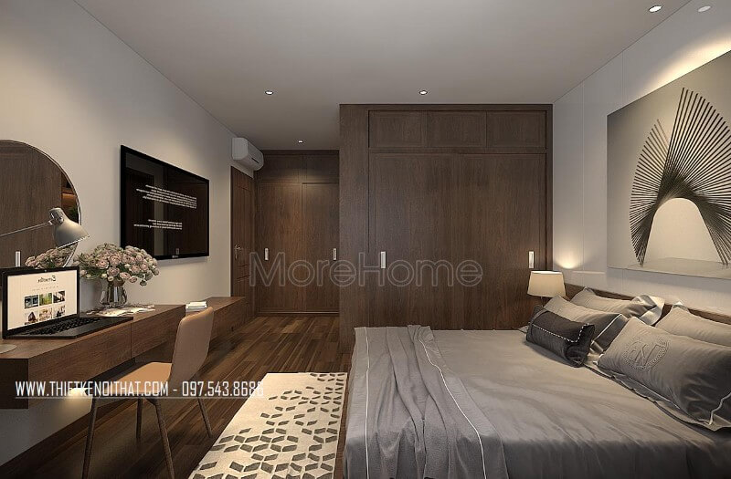Thiết kế nội thất phòng ngủ căn hộ chung cư cao cấp được kiến trúc sư Morehome thiết kế hiện đại, chất mà đẳng cấp Thiết kế chung cư