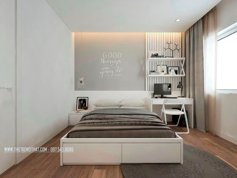 Nội thất trong phòng ngủ của con đều được thiết kế và thi công bằng chất liệu gỗ công nghiệp MDF phun sơn chống ẩm của An Cường. Thiết kế chung cư