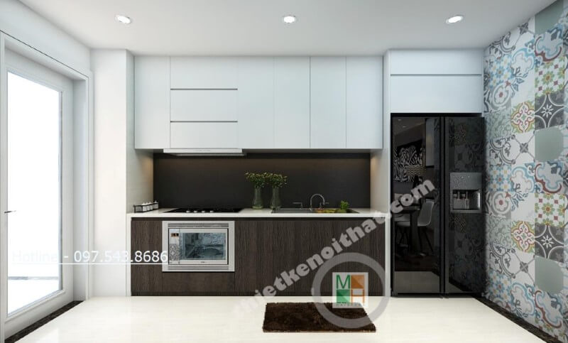 Chỉ với 2 tone màu trắng và nâu trầm đóng vai trò chủ đạo, không gian phòng bếp thêm phần đẹp mắt, sang trọng và rộng thoáng Tủ bếp hiện đại đẹp