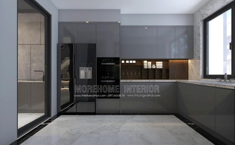 Mẫu tủ bếp gỗ công nghiệp acrylic màu xám đẹp mắt trong bố trí nội thất phòng bếp hiện đại sẽ là lựa chọn khá phù hợp với các không gian như chung cư, biệt thự, nhà phố. Tủ bếp hiện đại đẹp