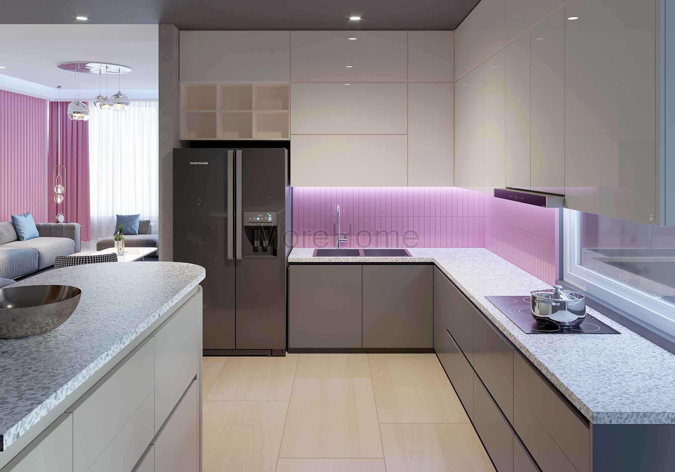 Mẫu tủ bếp gỗ màu ghi xám, mặt bếp ốp đá cao cấp tạo nên không gian bếp sạch sẽ và thoáng rộng Tủ bếp hiện đại đẹp