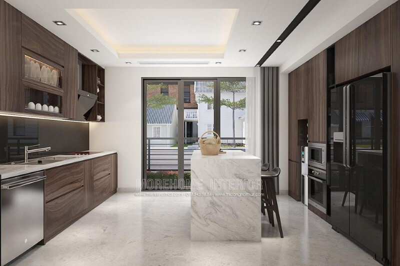 Bố trí phòng bếp đảo ấn tượng với nội thất gỗ công nghiệp cao cấp kết hợp bàn đảo đá ốp sang trọng. Mẫu nội thất biệt thự đẹp