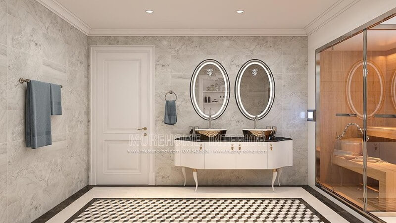 Gương soi trang trí phòng tắm hình elip có đèn led cao cấp tạo điểm nhấn đẹp, sang trọng cho phòng tắm. Mẫu nội thất biệt thự đẹp