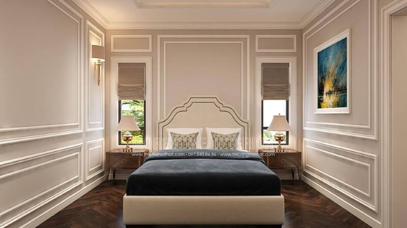 Trang trí nội thất phòng ngủ tân cổ điển sang trọng, thông thoáng với hệ cửa đầu giường giúp không gian luôn được thông thoáng. Mẫu nội thất biệt thự đẹp