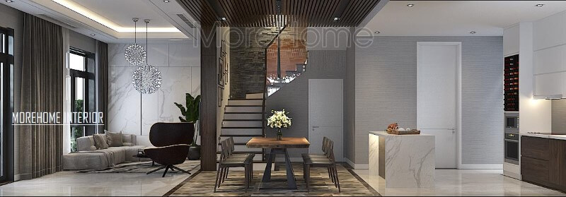 Trang trí phòng khách, bếp ăn hiện đại độc lập nhưng không sử dụng rèm che giúp không gian trở nên thông thoáng, rộng rãi. Mẫu nội thất biệt thự đẹp