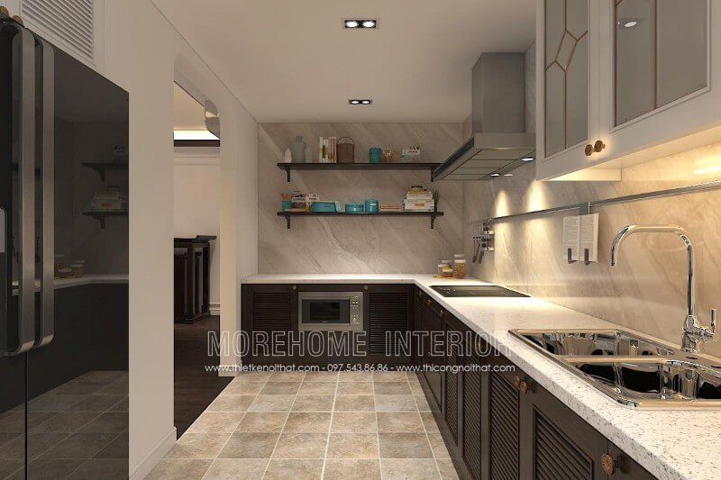 Tủ bếp chữ L với thiết kế hiện đại đơn giản kết hợp chất liệu gỗ tự nhiên nhập khẩu cao cấp cùng màu sắc tương phản mang lại cảm giác căn hộ rộng hơn thực tế Tủ bếp đẹp, tủ bếp đẹp hiện đại, tủ bếp An Cường, tủ bếp cao cấp