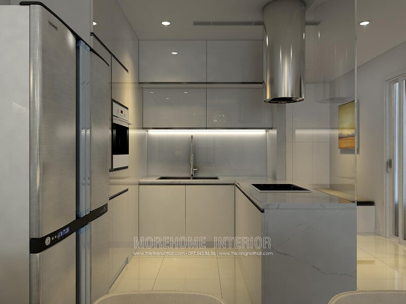 Tủ bếp gỗ công nghiệp với gam màu trắng chủ đạo luôn là sự lựa chọn hoàn hảo cho các căn hộ chung cư nhỏ giúp cơi nới không gian trở nên rộng thoáng mà tinh tế hơn Tủ bếp đẹp, tủ bếp đẹp hiện đại, tủ bếp An Cường, tủ bếp cao cấp