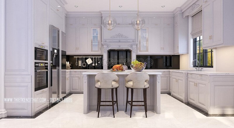 Mẫu tủ bếp biệt thự tân cổ điển được làm từ gỗ sồi phun sơn màu trắng cao cấp, những nét hoa văn cầu kì, tỉ mỉ tạo nên một không gian cuốn hút mà bất kì ai cũng muốn sở hữu Tủ bếp đẹp, tủ bếp đẹp hiện đại, tủ bếp An Cường, tủ bếp cao cấp