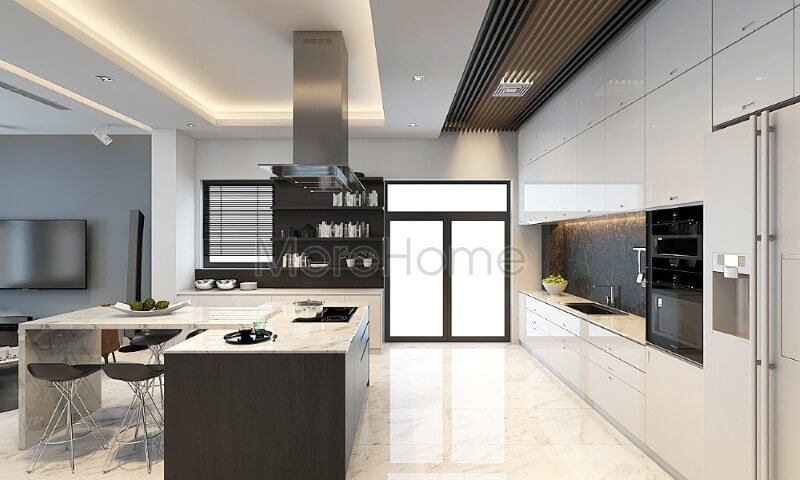 Mẫu tủ bếp chữ i gỗ công nghiệp hiện đại, liền kề là chiếc bàn đảo tích hợp công năng là bàn ăn phụ tạo tiện nghi cho chủ nhân ngôi nhà Tủ bếp đẹp, tủ bếp đẹp hiện đại, tủ bếp An Cường, tủ bếp cao cấp