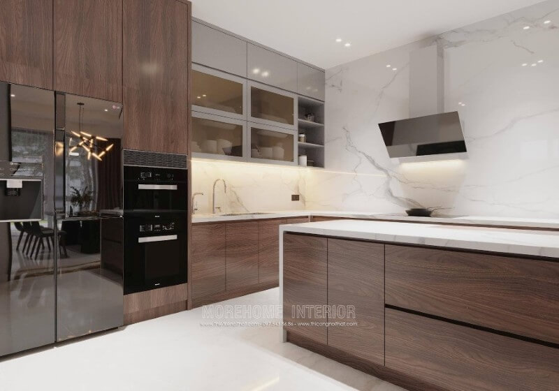 Tone màu nâu trầm chủ đạo từ bộ tủ bếp mang đến cho không gian nhà bếp ấm cúng hơn Thiết kế tủ bếp đẹp