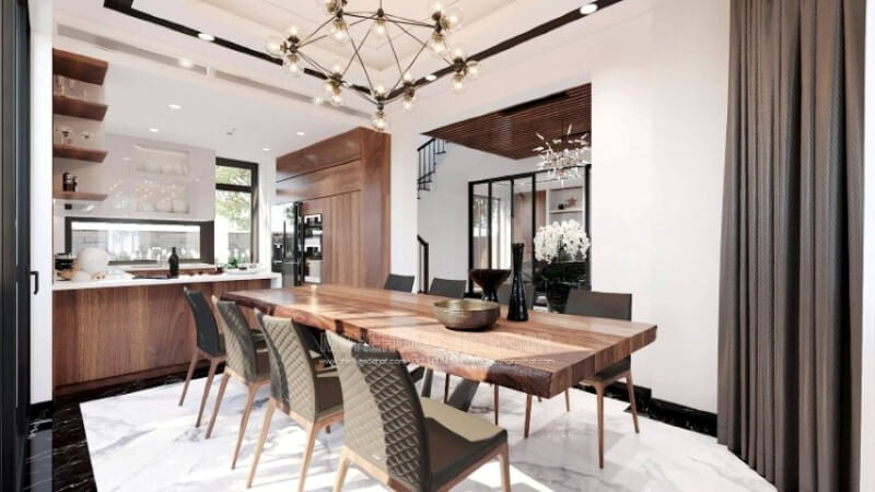 Mẫu tủ bếp hình chữ U với thiết kế bàn đảo liền mạch sẽ là một gợi ý tuyệt vời cho không gian bếp vuông vắn mà không cần bỏ ra quá nhiều diện tích. Thiết kế nội thất biệt thự