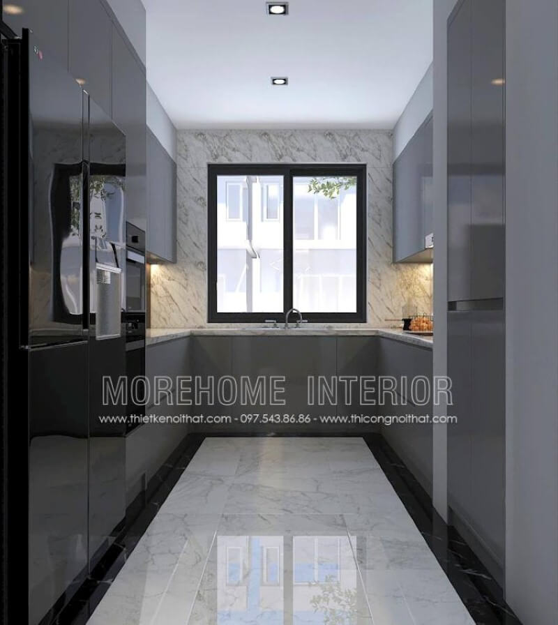 Xu hướng bố trí nội thất phòng bếp sử dụng gỗ công nghiệp acrylic màu xám cùng mảng tường lớn được trang trí bởi đá nhân tạo có vân là điểm nhấn đáng chú ý để bạn có thể rút ngắn thời gian vệ sinh phòng bếp mà vẫn giữ nguyên vẹn vẻ đẹp như ban đầu. Thiết kế nội thất biệt thự