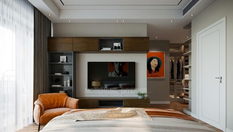 Sắp xếp phòng ngủ khéo léo với nhiều hộc tủ hiện đại, sang trọng. Thiết kế nội thất biệt thự