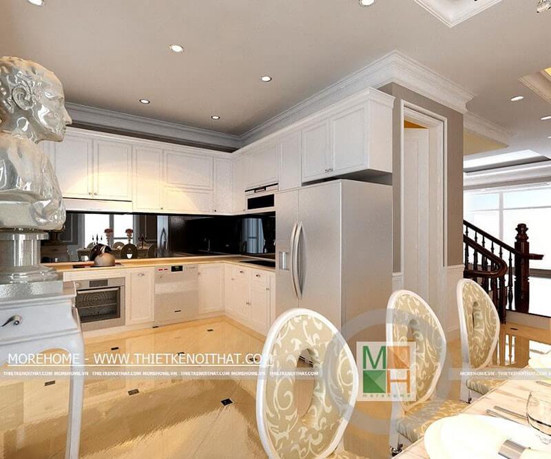 Mẫu tủ bếp gỗ màu trắng hình chữ L được trang bị đầy đủ các thiết bị bếp cao cấp tạo sự tiện nghi cho người nội trợ Tủ bếp màu trắng