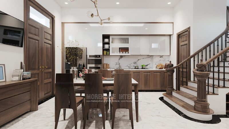 Tủ bếp dưới được thiết kế thi công và sản xuất từ chất liệu gỗ óc chó hiện đại, tinh tế mà đẹp. Tủ bếp biệt thự