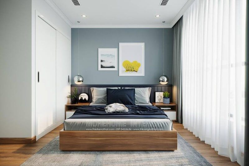 Không gian phòng ngủ bố mẹ được thiết kế đơn giản với 2 gam màu chủ đạo đó là màu trắng và nâu tây, hài hòa, trang nhã.