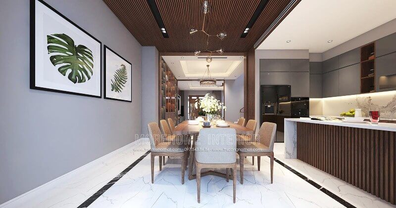 Trang trí nội thất phòng ăn liền bếp hiện đại đẹp sang trọng cho nhà phố, biệt thự tại Vinh, Nghệ An.