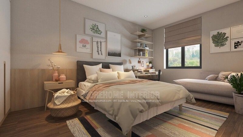 Sắp xếp phòng ngủ ấn tượng với cách trang trí độc đáo từ những mảng lớn đơn sắc kết hợp cùng họa tiết điểm nhấn tạo nên nét đẹp sinh động, trẻ trung cho không gian.