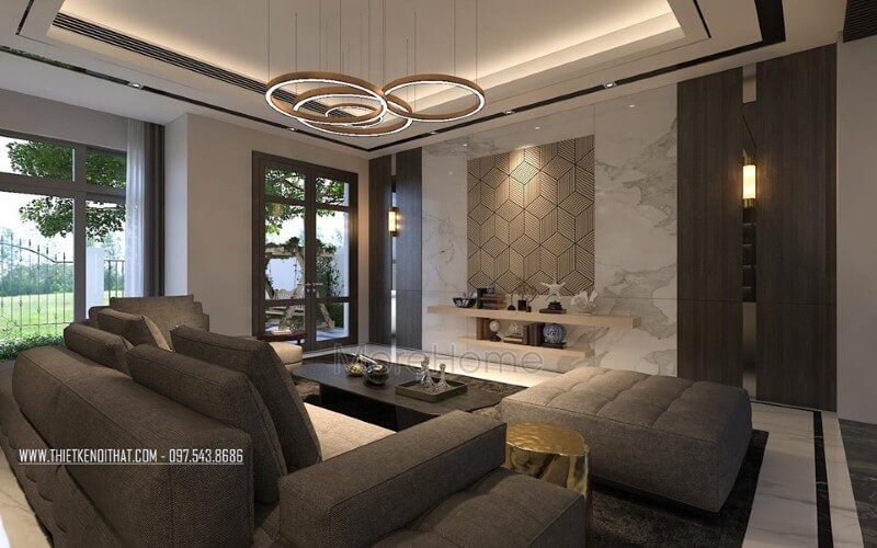 Thiết kế không gian phòng khách rộng, hiện đại ấn tượng với ý tưởng sử dụng gam màu đối lập từ xám trắng cùng đồ nội thất cao cấp.