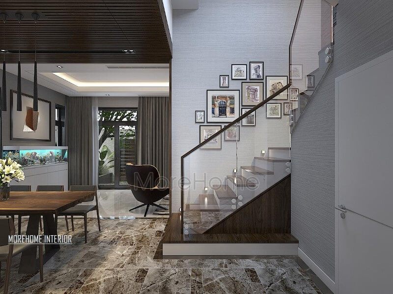 Cầu thang kính mặt bậc gỗ hiện đại đẹp tại biệt thự Xuân Phương.