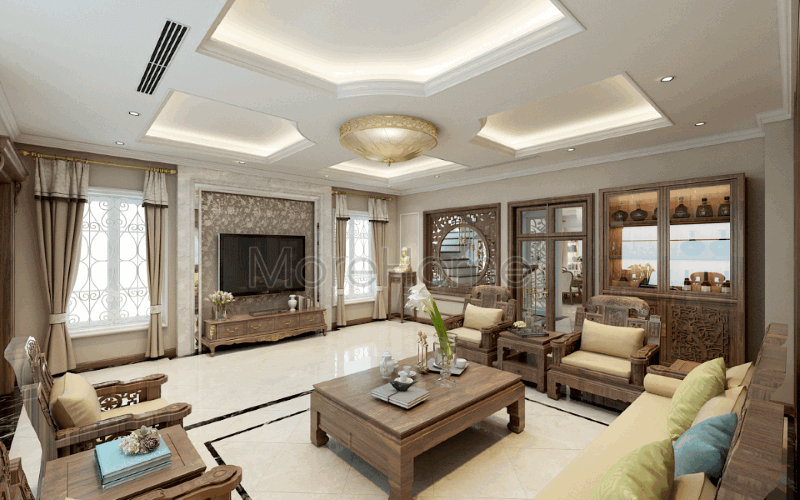 Bố trí nội thất phong cách Á Đông mang lại cảm giác ấm áp, gần gũi nhưng không kém phần sang trọng đẳng cấp tại biệt thự Riverside Nguyễn Duy Trinh.