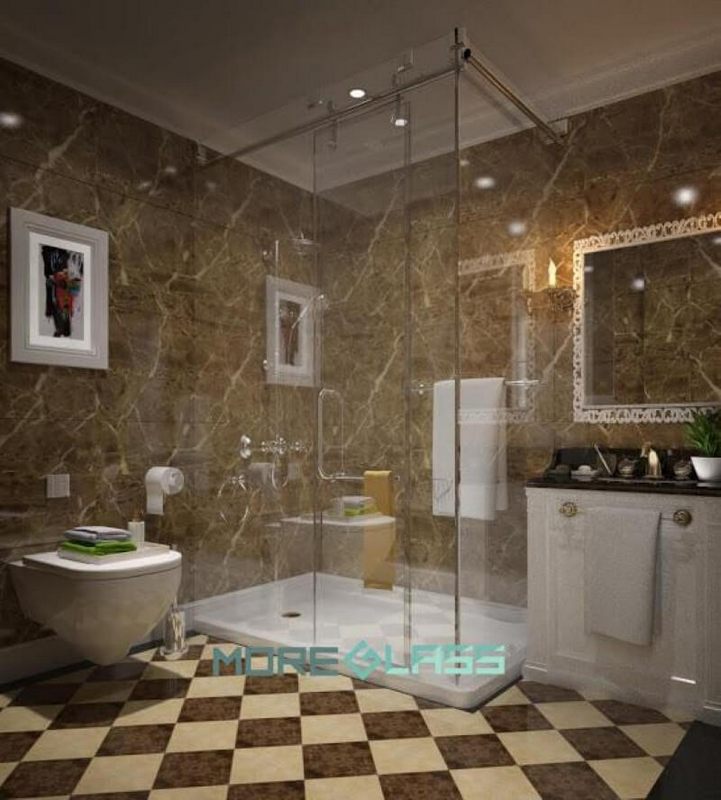 Thiết kế và thi công phòng tắm kính cường lực cửa trượt hiện đại tiết kiệm không gian.