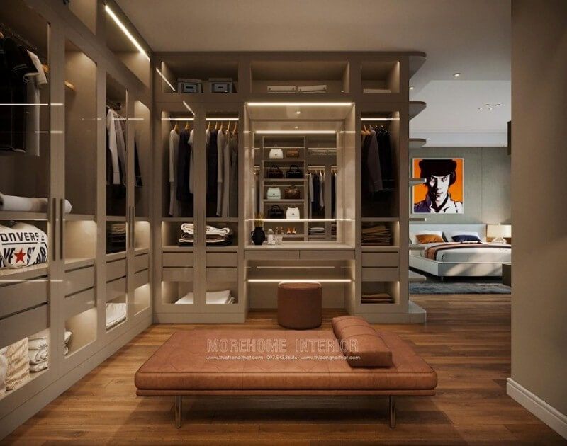 Phòng ngủ liền phòng thay đồ ấn tượng với cách bố trí hiện đại, sang trọng