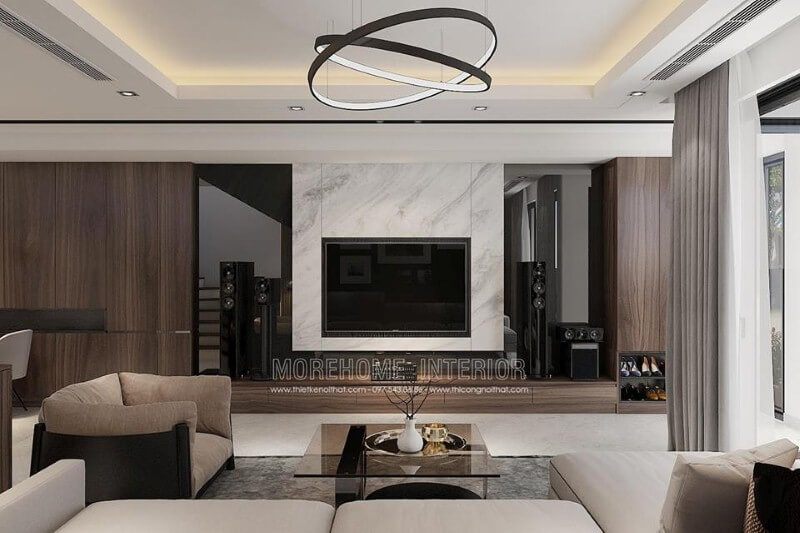 Thiết kế phòng khách ấn tượng từ tấm ốp phòng khách tương phản giữa 2 sắc màu đối lập: đen trắng.