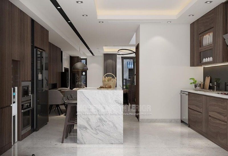Phòng bếp đẹp độc đáo với ý tưởng thiết kế tủ bếp đảo từ gỗ sậm màu kết hợp bàn đảo ốp đá sang trọng.