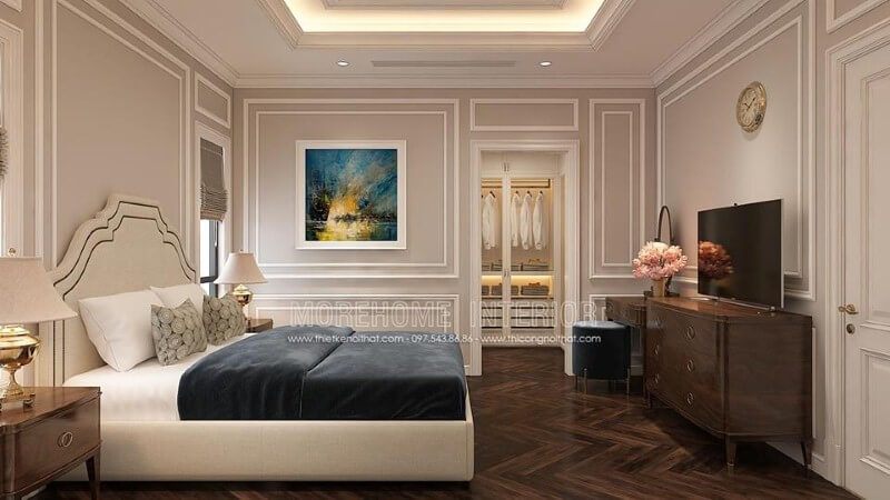 Sắp xếp nội thất phòng ngủ tân cổ điển có tủ quần áo khoa học, phong thủy.