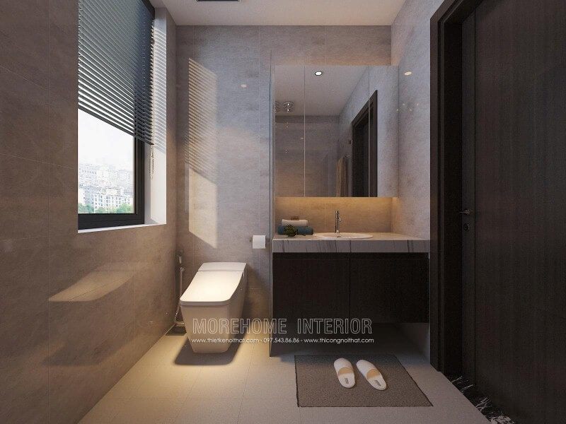 Tủ phòng tắm màu trầm kết hợp cùng mặt bàn đá lavabor cùng thiết kế hiện đại giúp cho phòng tắm nhỏ trở nên đẹp, sang trọng và đầy tiện ghi.