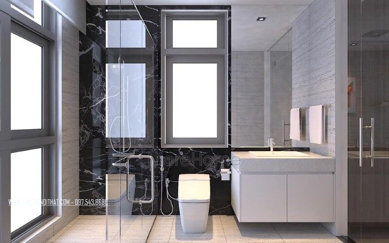 Phòng tắm kính mở quay cùng đá ốp tường đen vân trắng đã tạo nên vẻ đẹp độc đáo, sang trọng cho phòng tắm hiện đại.