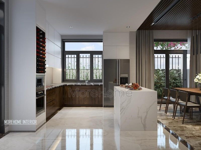 Trang trí nội thất phòng bếp hiện đại, đẹp, thông thoáng nhưng độc lập phòng ăn bởi cách bố trí khéo léo từ bàn đảo bếp.