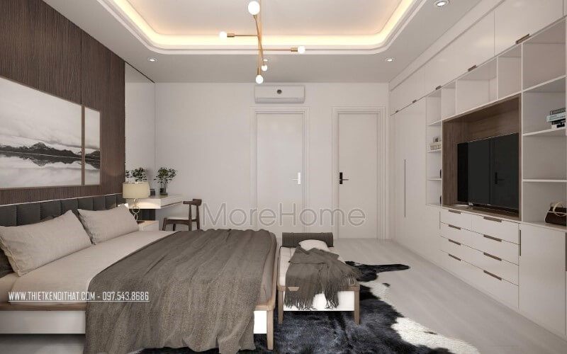 Bố trí phòng ngủ hiện đại đẹp, nhẹ nhàng sâu lắng với gam trắng từ tường kết hợp cùng gỗ óc chó sẫm màu ốp tường.
