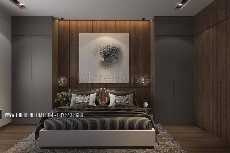 Mẫu phòng ngủ Master được thiết kế trầm ấm với mẫu giường ngủ trắng hiện đại, đồ nội thất như bàn trang điểm hiện đại, gương trang trí tạo sự tiện dụng cho người dùng.