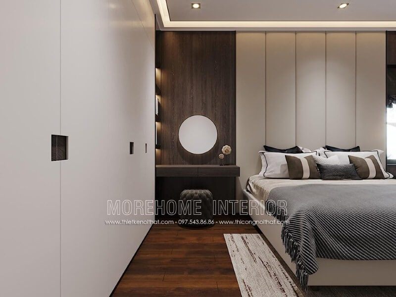 Gương tròn ốp tường đẹp độc đáo cho phòng ngủ hiện đại, sang trọng.