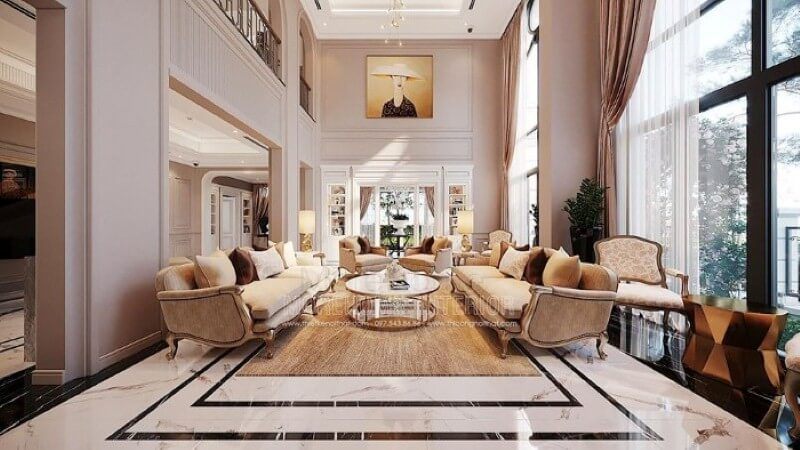 Trang trí nội thất phòng khách thông tầng biệt thự tân cổ điển cao cấp tại Vinhomes Imperia Hải Phòng.