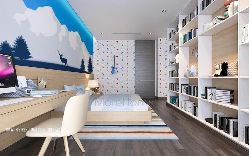 Kệ trang trí phòng ngủ con trai đẹp, sinh động với thiết kế tủ kệ trang trí nhiều ngăn giúp không gian trở nên thông thoáng, đẹp mắt.