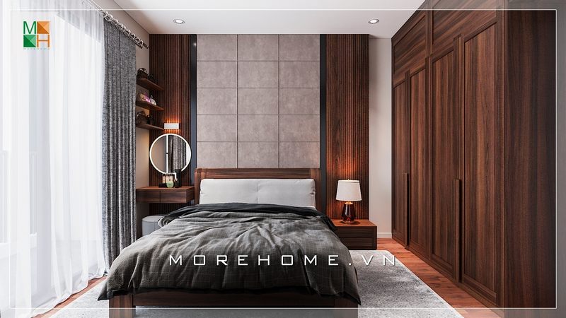 Mẫu thiết kế phòng ngủ chung cư phong cách hiện đại, nội thất gỗ tự nhiên cao cấp với những đường vân tinh tế mang đến sự ấm cúng cho ngôi nhà.