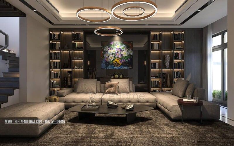 Sofa hiện đại màu xám cao cấp đẹp tạo điểm nhấn ấn tượng cho phòng khách rộng, lớn.