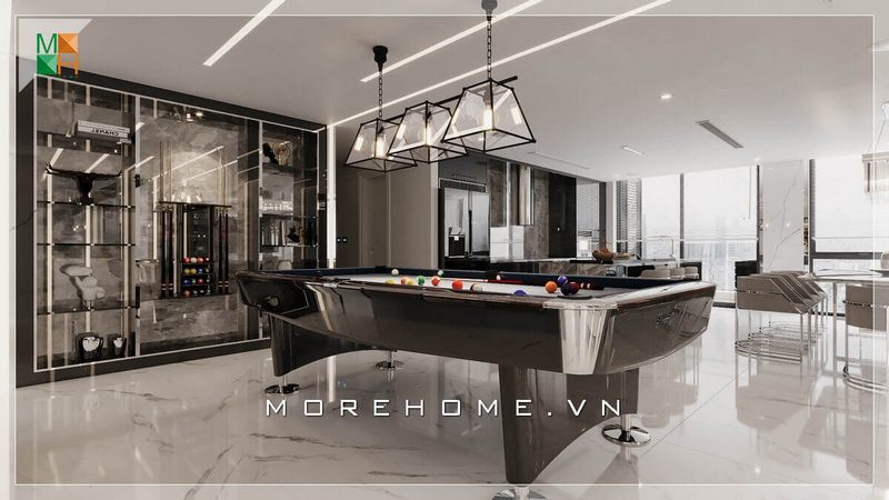 Chiêm ngưỡng không gian thiết kế nội thất phòng bi da hiện đại, chất liệu chính được sử dụng là kính làm tăng độ cao cấp sang trọng cho không gian thư giãn.