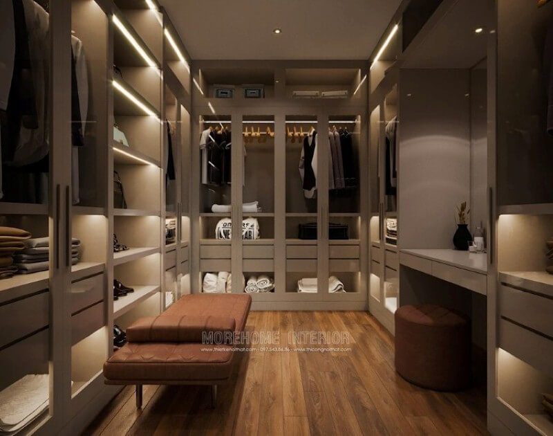 Tủ quần áo hiện đạiTủ quần áo gỗ công nghiệp sử dụng hệ cửa kính trắng cường lực sẽ giúp bạn tìm thấy mọi thứ một cách dễ dàng