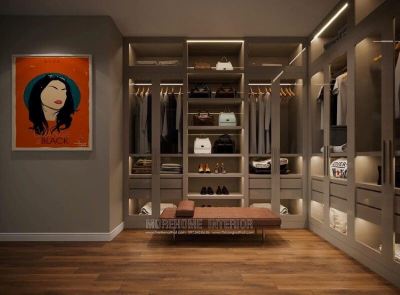 Tủ quần áo gỗ công nghiệp đẹp, sang trọng với thiết kế mở từ hệ thống cửa kính trong suốt sẽ lựa chọn thông minh cho phòng thay đồ.