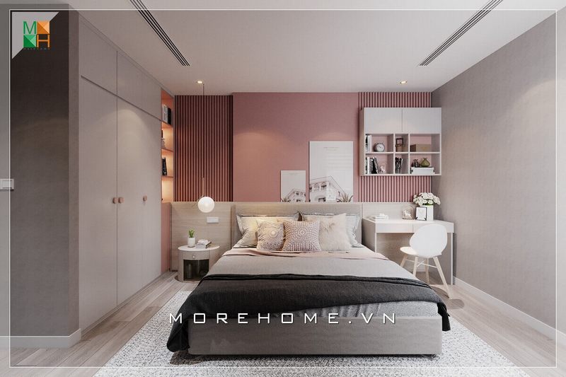 Với phòng ngủ diện tích nhỏ có thể áp dụng mẫu thiết kế tủ quần áo kịch trần cánh mở kết hợp kệ trang trí bằng gỗ công nghiệp, không chiếm nhiều không gian mà vẫn giúp bạn lưu trữ đồ đạc gọn gàng