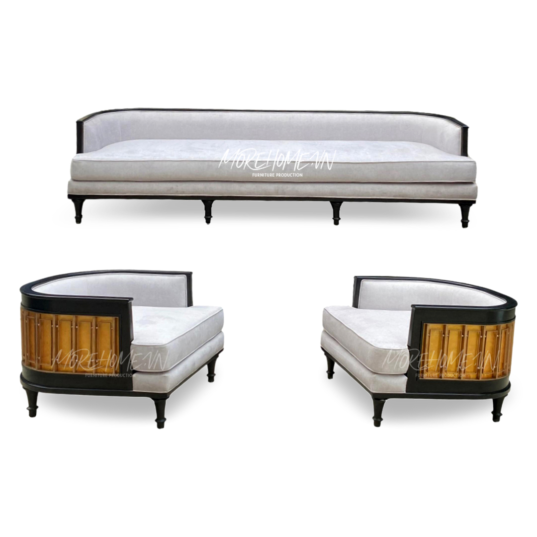 MoreHome sản xuất Ghế Sofa Indochine với khung gỗ tần bì kết hợp với tranh sơn dầu vẽ tay, vải bọc theo chất liệu và màu sắc theo yêu cầu. Sản phẩm được sử dụng nhiều trong các công trình kiến trúc Đông Dương, các Biệt thự mang ý nghĩa văn hóa bản địa.