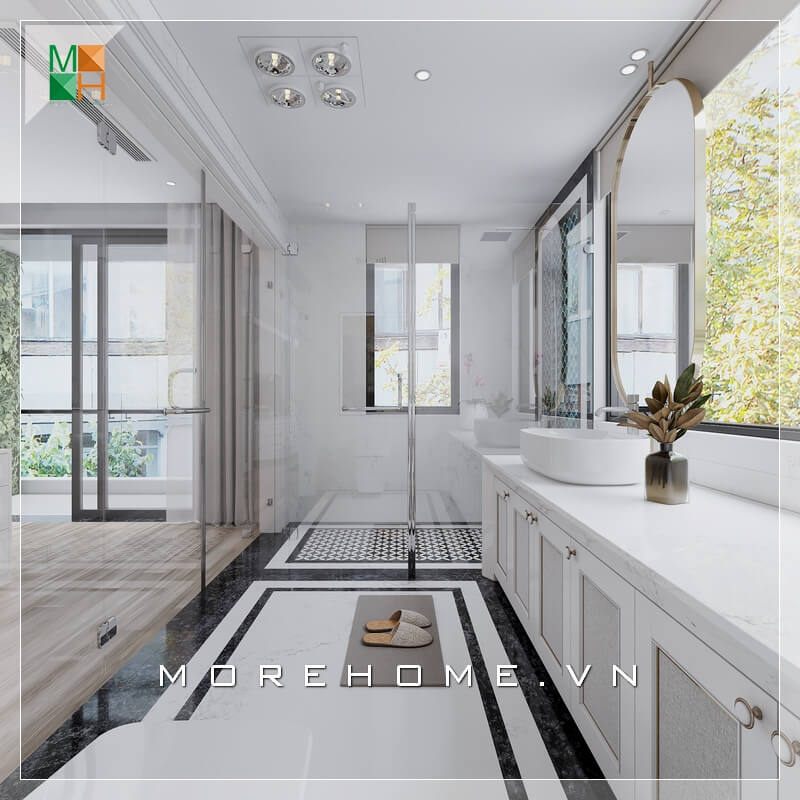 .
Mẫu phòng tắm hiện đại dành cho nhà phố, chung cư, biệt thự bao gồm mặt tủ và lavabo làm từ đá nhân tạo kết hợp với gỗ công nghiệp chống ẩm, mang lại cảm giác trẻ trung cho không gian phòng tắm. Vách kính cường lực trong suốt cũng đóng vai trò quan trọng trong việc tạo nên sự liền mạch trong không gian.