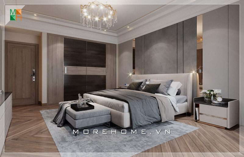 Thảm trải sàn với tone màu và đôn sofa xám giúp tăng độ sang trọng cho căn phòng ngủ và cảm thấy rất cao cấp.