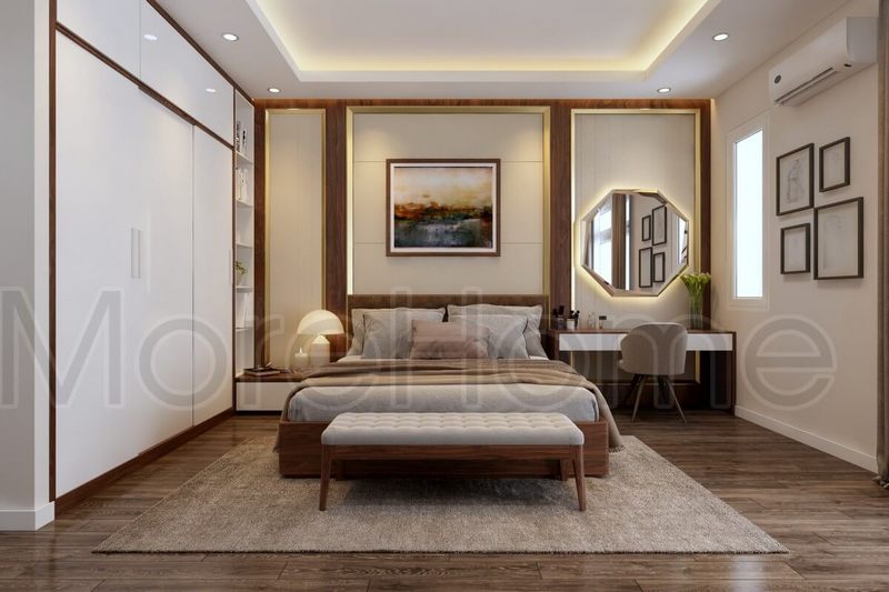 Mẫu tủ quần áo âm tường với kệ trang trí bằng gỗ công nghiệp màu trắng giúp tối ưu hóa không gian trong phòng ngủ của bạn.