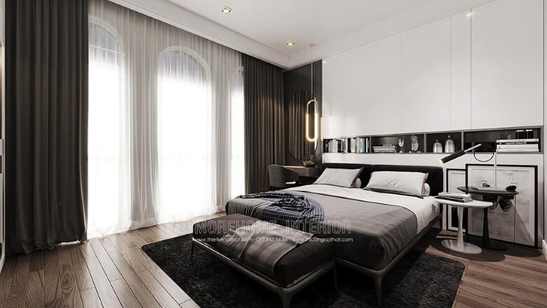 Đầu giường bọc nỉ cao cấp với thiết kế đẹp cho kiểu giường ngủ có chân bằng gỗ sồi tự nhiên.